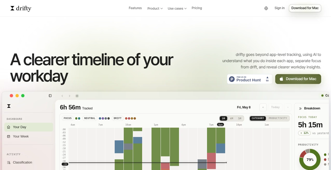 Screenshot of drifty – An AI tool in the ,AI Team Collaboration ,AI Productivity Tools ,AI Analytics Assistant ,AI Workflow Management  category, showcasing its interface and key features.