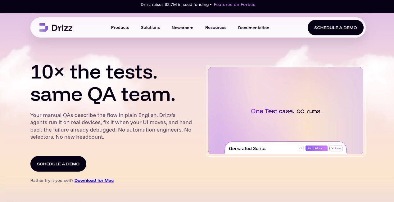 Screenshot of Drizz – An AI tool in the ,AI No-Code & Low-Code ,AI Testing & QA ,AI Developer Tools ,AI Monitor & Report Builder  category, showcasing its interface and key features.