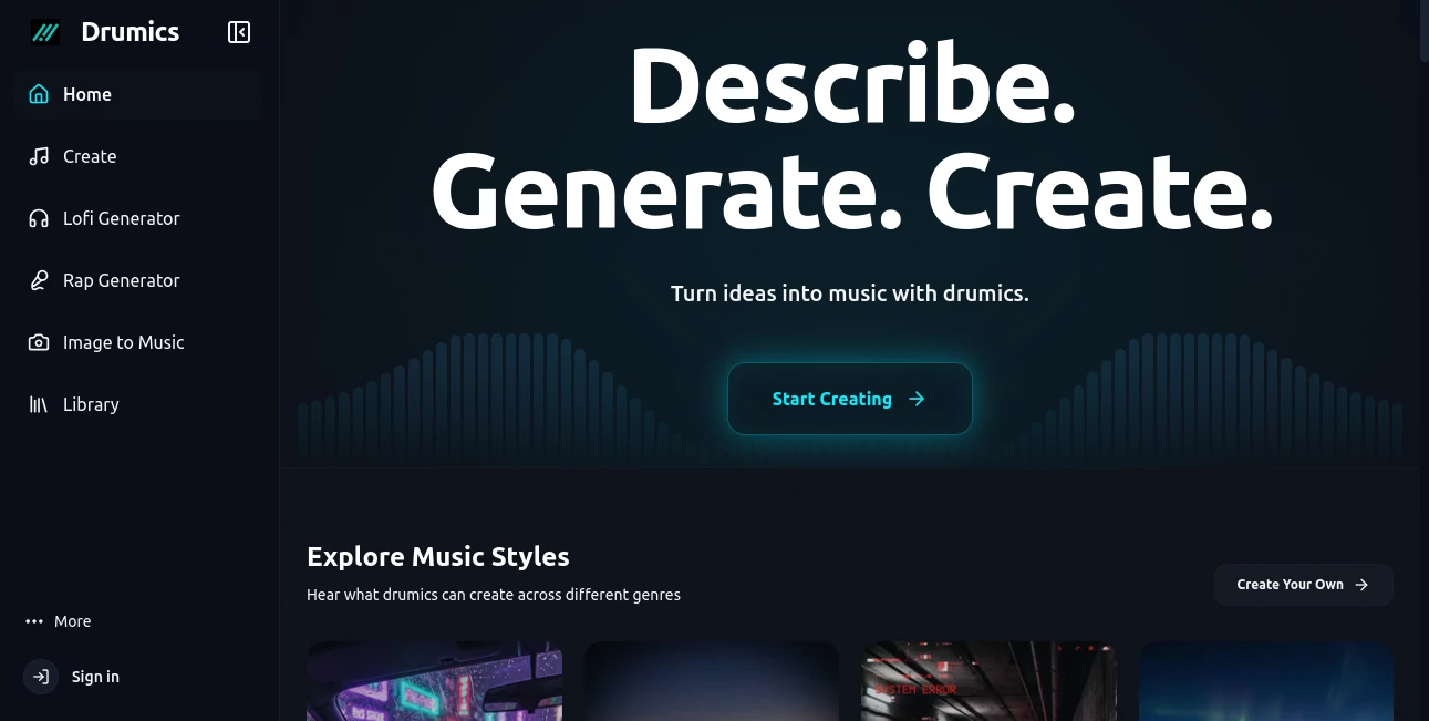 Screenshot of Drumics – An AI tool in the ,AI Audio Enhancer ,AI Music Generator ,AI Voice & Audio Editing ,AI Text to Music  category, showcasing its interface and key features.