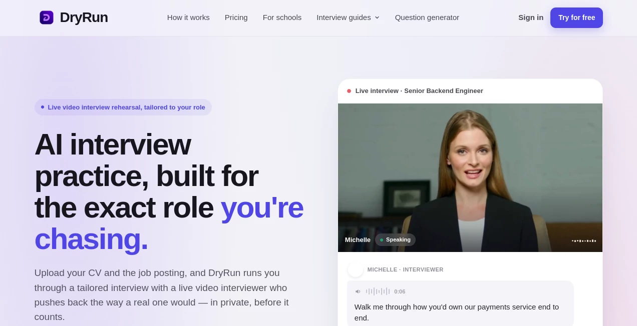 Screenshot of DryRun – An AI tool in the ,AI Coaching ,Education ,AI Interview Assistant ,AI Recruiting  category, showcasing its interface and key features.