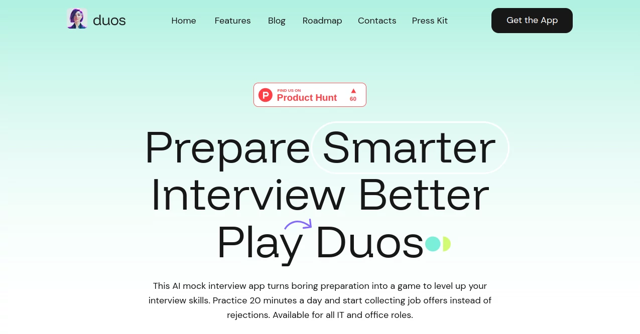 Screenshot of Duos AI – An AI tool in the ,AI Quizzes ,AI Homework Helper ,AI Coaching ,AI Interview Assistant  category, showcasing its interface and key features.