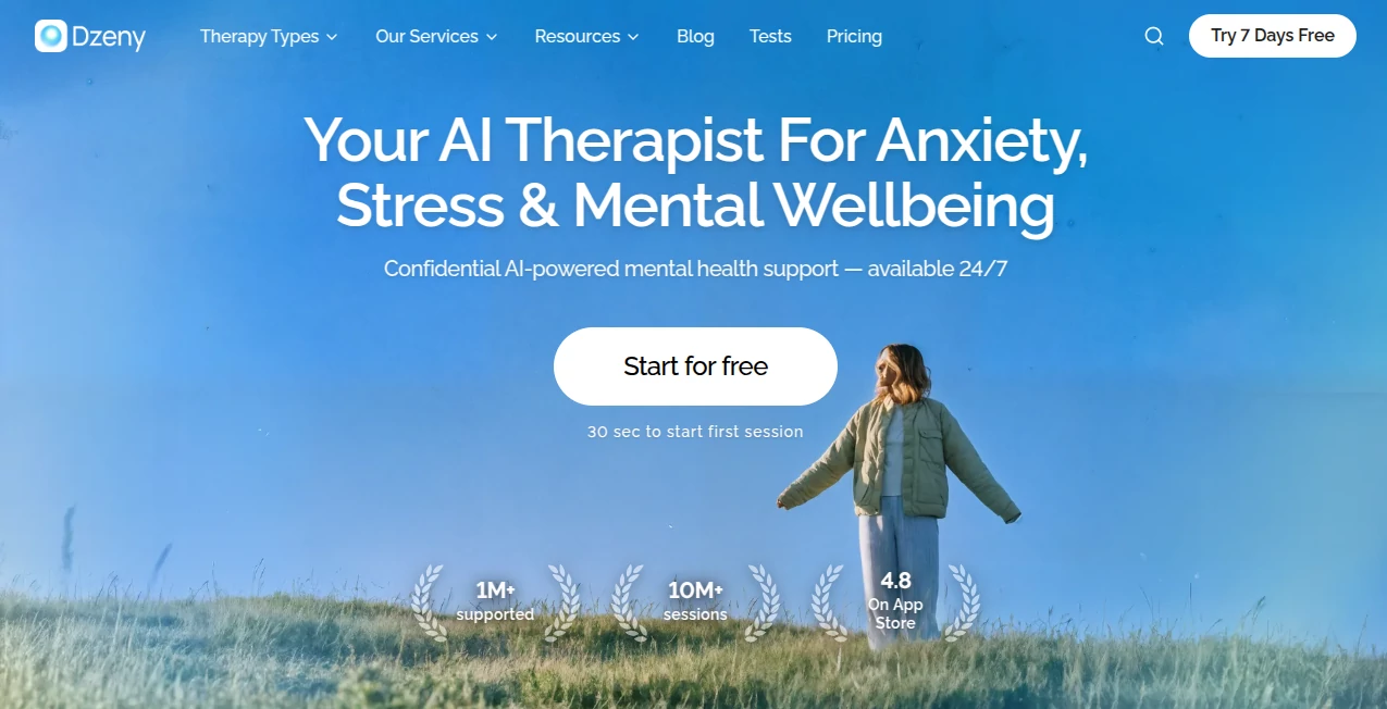 Screenshot of Dzeny – An AI tool in the ,AI Chatbot ,AI Life Assistant ,AI Mental Health ,AI Healthcare  category, showcasing its interface and key features.