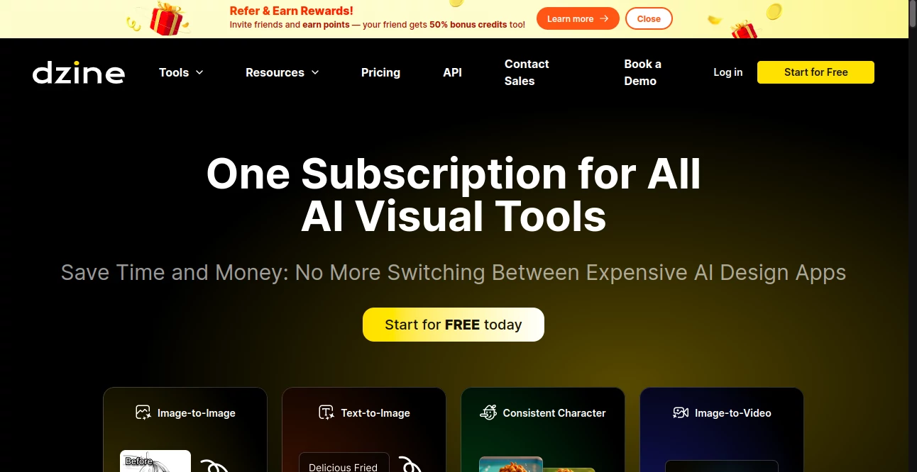 Screenshot of Dzine AI – An AI tool in the ,AI Background Remover ,AI Photo & Image Generator ,AI Design Generator ,AI Image to Image  category, showcasing its interface and key features.