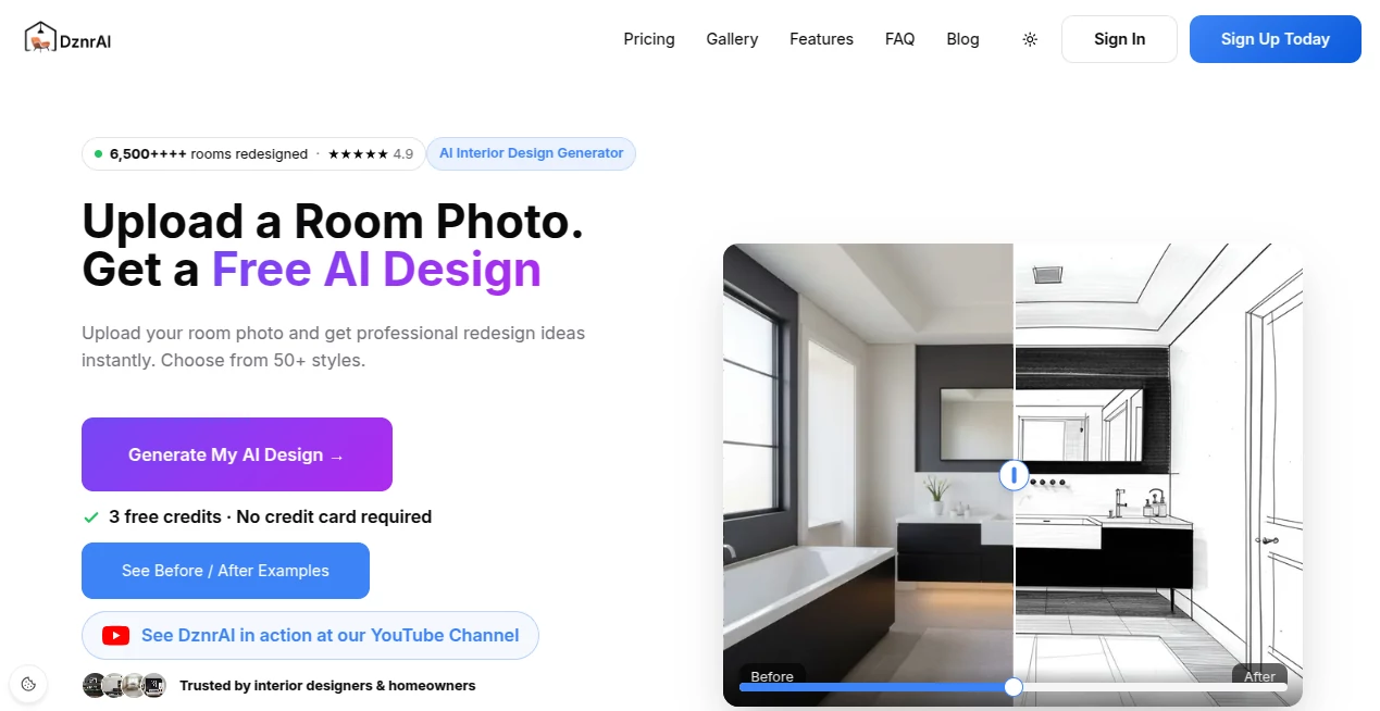 Screenshot of DznrAI – An AI tool in the ,AI Design Assistant ,AI Design Generator ,AI Image to Image ,AI Interior & Room Design  category, showcasing its interface and key features.