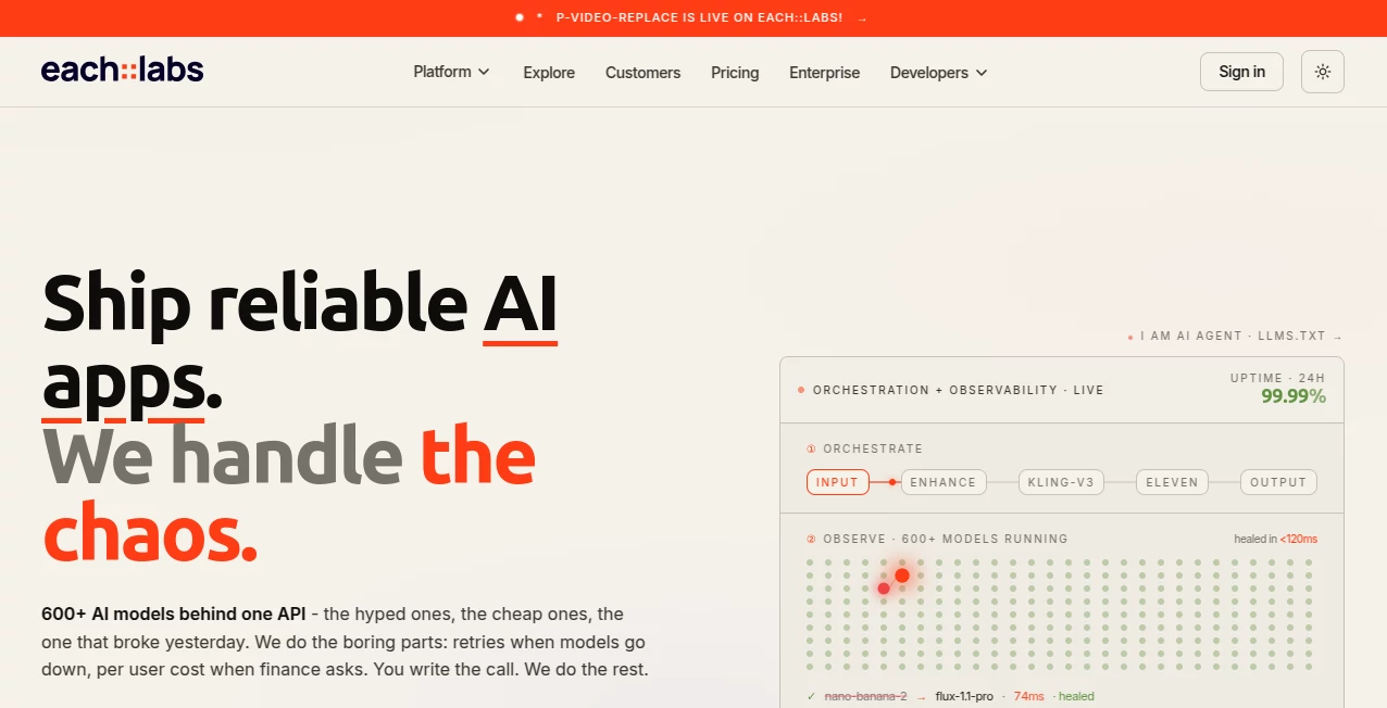 Screenshot of EachLabs – An AI tool in the ,AI No-Code & Low-Code ,AI API Design ,AI Developer Tools ,AI Workflow Management  category, showcasing its interface and key features.