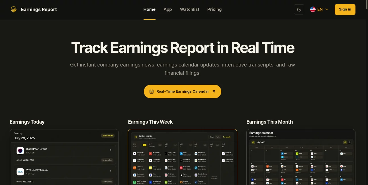 Screenshot of Earnings Report – An AI tool in the ,AI Investing Assistant ,AI Research Tool ,AI Analytics Assistant ,Business  category, showcasing its interface and key features.