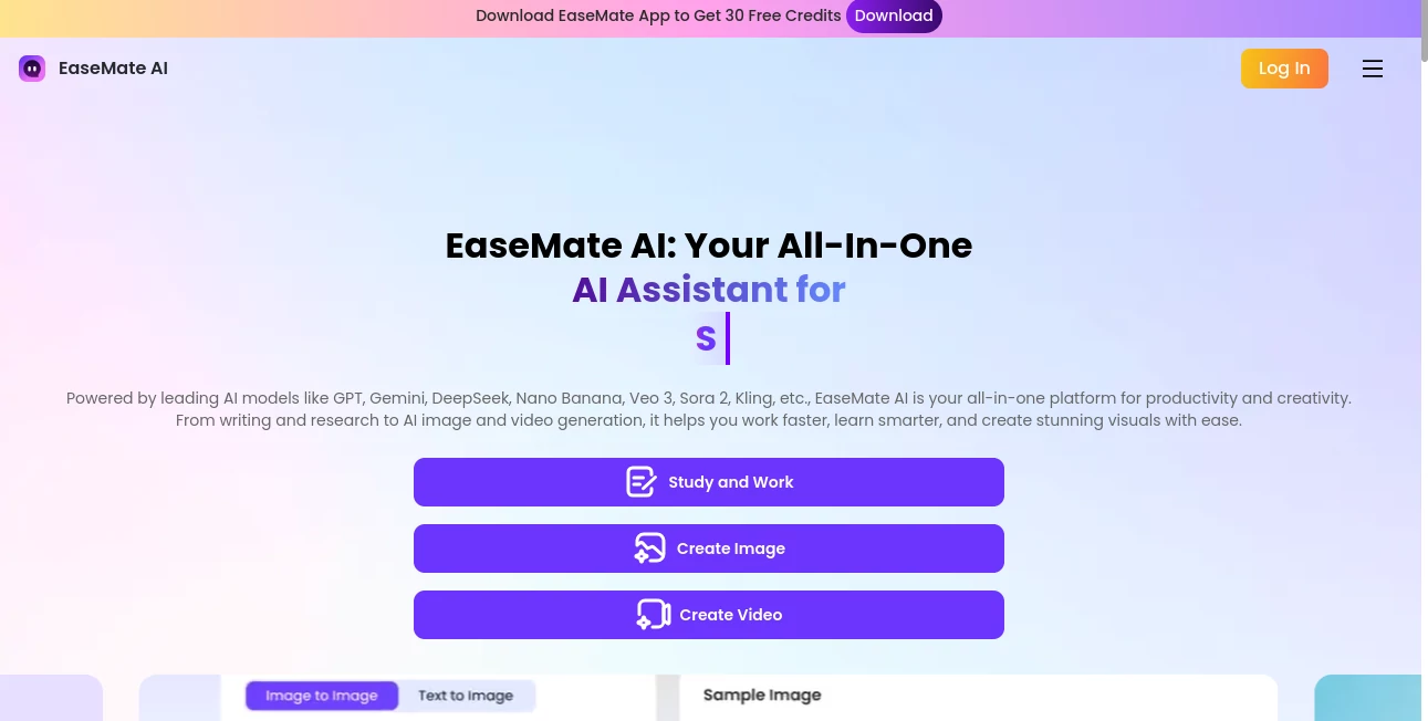 Screenshot of EaseMate AI – An AI tool in the ,AI Photo & Image Generator ,AI PDF ,AI Video Generator ,AI Productivity Tools  category, showcasing its interface and key features.