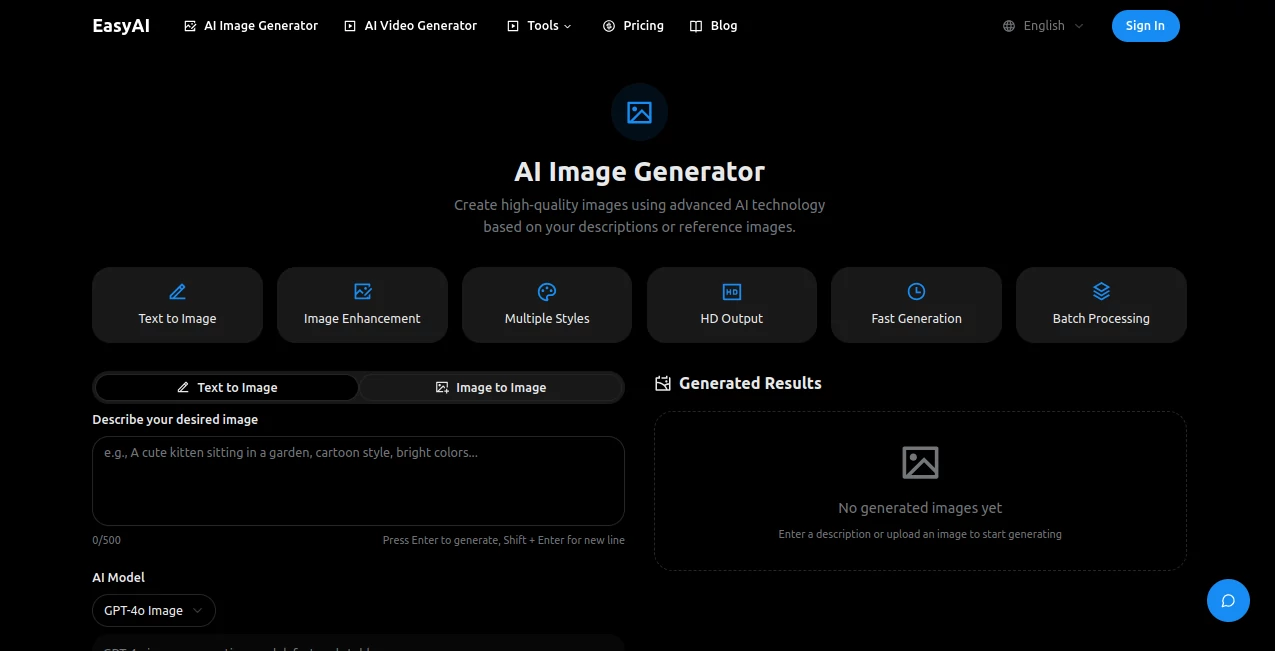 Screenshot of EasyAI - AI Image Generator – An AI tool in the ,AI Photo & Image Generator ,AI Art Generator ,AI Design Generator ,AI Text to Image  category, showcasing its interface and key features.