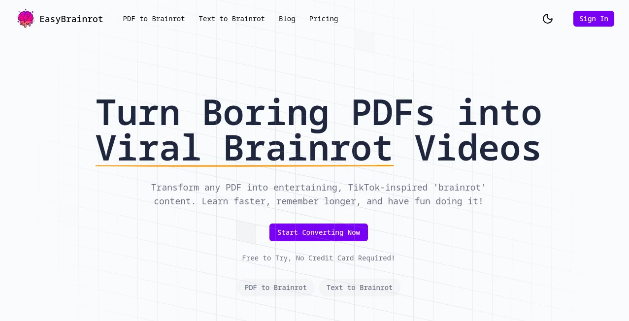Screenshot of Easy Brainrot – An AI tool in the ,AI Content Generator ,AI Text to Video ,AI Video Generator ,AI Education Assistant  category, showcasing its interface and key features.