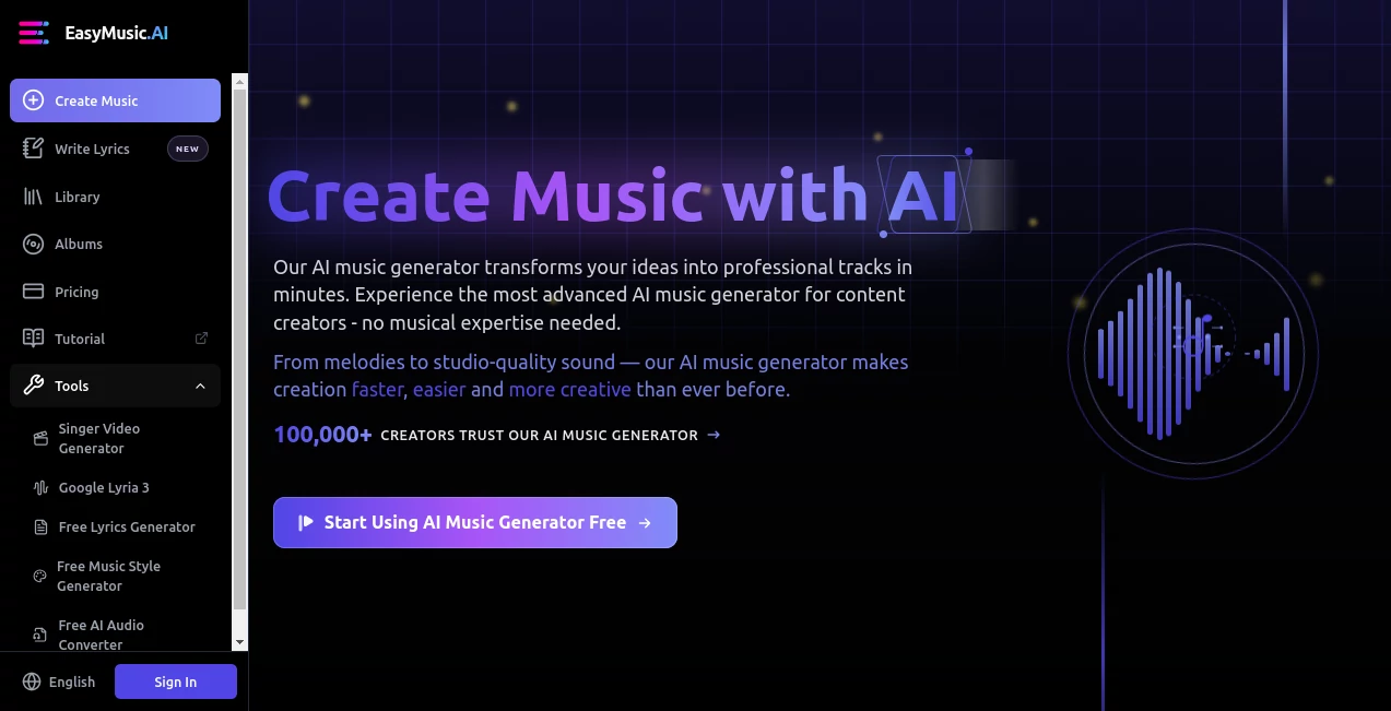 Screenshot of EasyMusic AI – An AI tool in the ,AI Text to Music ,AI Music Video Generator ,AI Music Generator  category, showcasing its interface and key features.