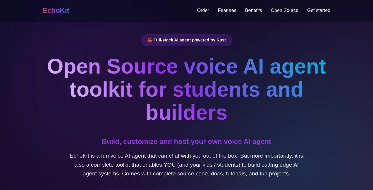 Screenshot of EchoKit – An AI tool in the ,AI Voice Cloning ,AI Speech Synthesis ,AI Developer Tools ,AI Voice Assistants  category, showcasing its interface and key features.