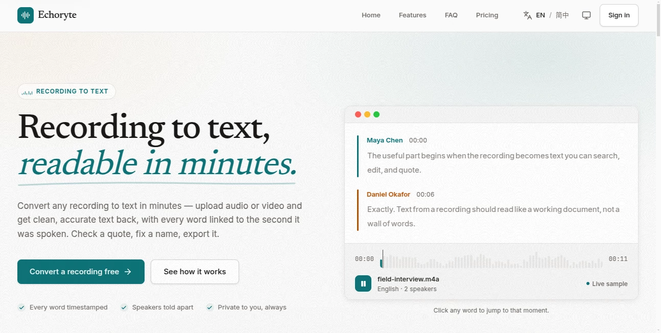 Screenshot of Echoryte – An AI tool in the ,AI Translate ,AI Summarizer ,AI Transcription ,AI Speech to Text  category, showcasing its interface and key features.