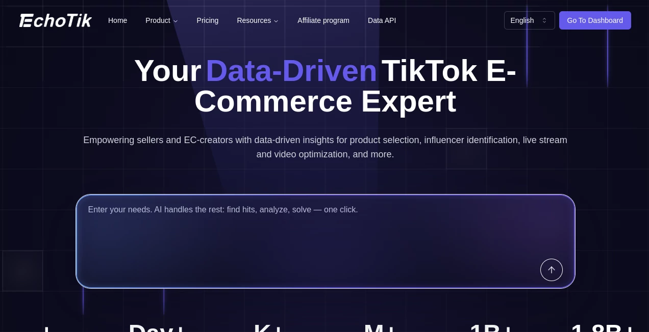 Screenshot of EchoTik – An AI tool in the ,AI Research Tool ,AI E-commerce Assistant ,AI Analytics Assistant  category, showcasing its interface and key features.