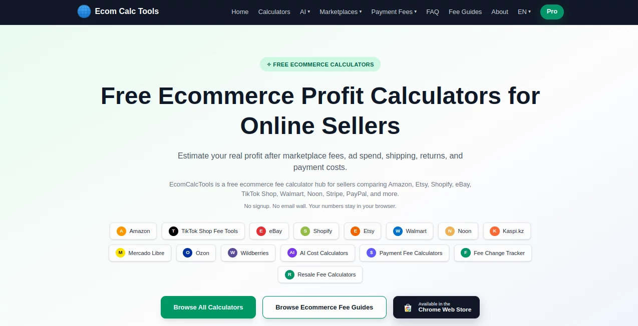 Screenshot of EcomCalcTools – An AI tool in the ,AI E-commerce Assistant ,Business  category, showcasing its interface and key features.