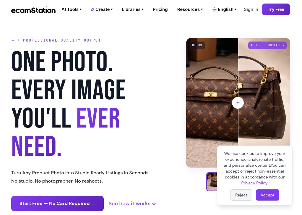 Screenshot of Ecomstation Ai – An AI tool in the ,AI Photo & Image Generator ,Photo & Image Editor ,AI Background Generator ,AI E-commerce Assistant  category, showcasing its interface and key features.