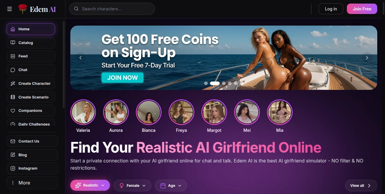 Screenshot of Edem AI – An AI tool in the ,NSFW ,AI Girlfriend  category, showcasing its interface and key features.