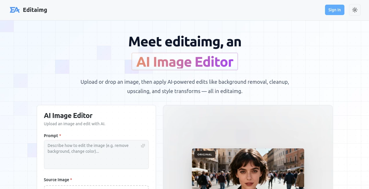 Screenshot of Editaimg – An AI tool in the ,Photo & Image Editor ,AI Photo Enhancer ,AI Background Remover ,AI Image to Image  category, showcasing its interface and key features.