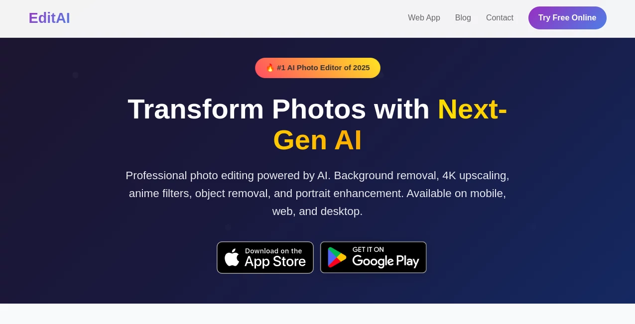 Screenshot of EditAI – An AI tool in the ,Photo & Image Editor ,AI Photo Enhancer ,AI Background Remover ,AI Anime Art  category, showcasing its interface and key features.