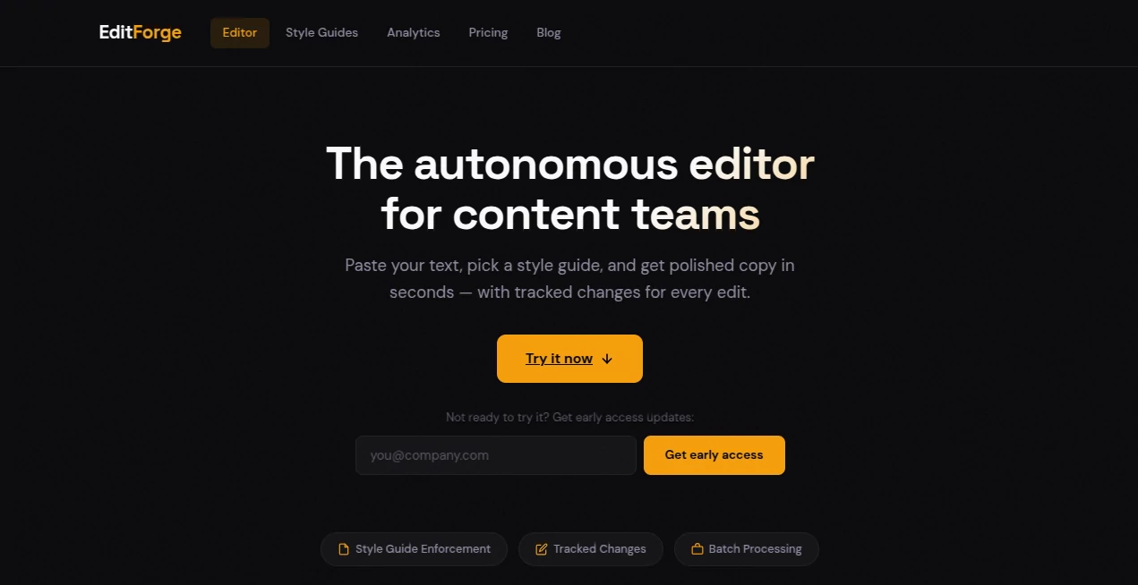 Screenshot of EditForge – An AI tool in the ,AI Content Generator ,AI Grammar Checker ,AI General Writing ,AI Writing Assistants  category, showcasing its interface and key features.