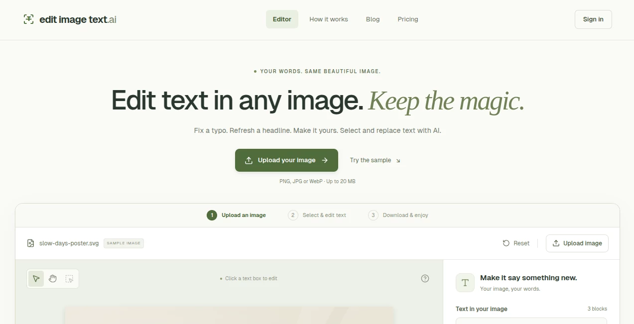 Screenshot of Edit Image Text – An AI tool in the ,Photo & Image Editor ,Image  category, showcasing its interface and key features.