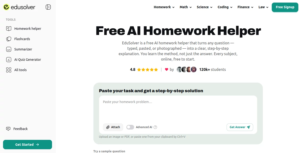 Screenshot of EduSolver – An AI tool in the ,AI Homework Helper ,AI Tutorial ,AI Course ,AI Education Assistant  category, showcasing its interface and key features.