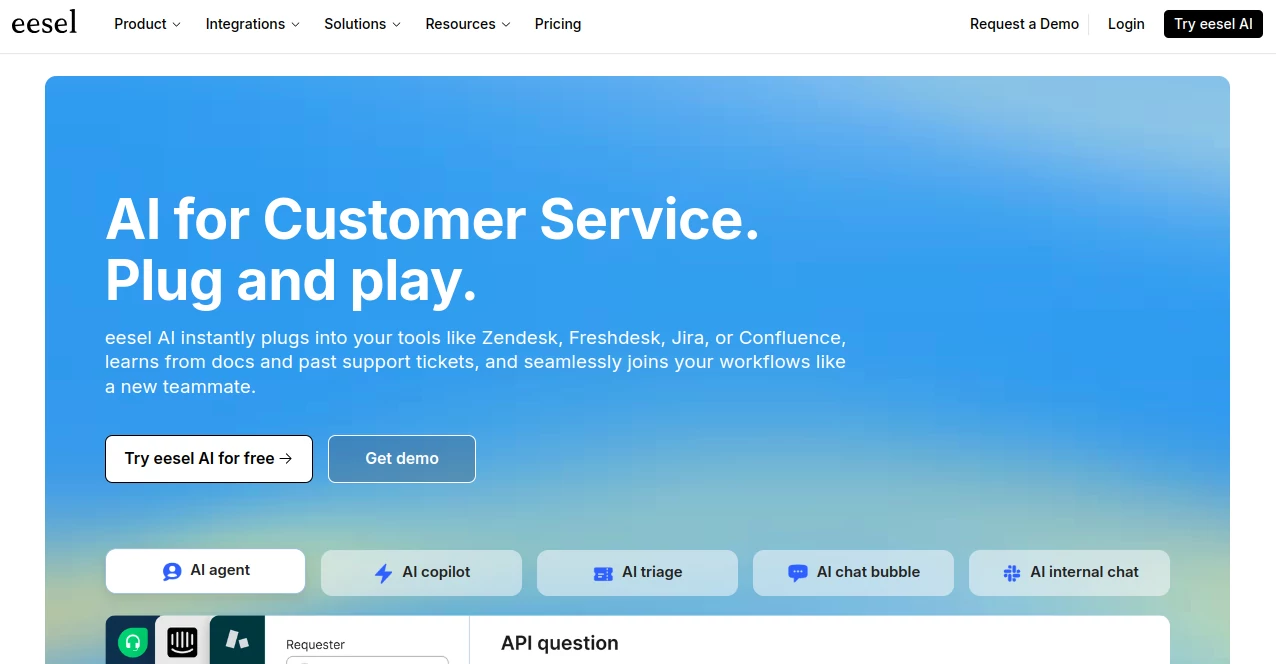Screenshot of eesel AI – An AI tool in the ,AI Chatbot ,AI Knowledge Management ,AI Productivity Tools ,AI Team Collaboration  category, showcasing its interface and key features.
