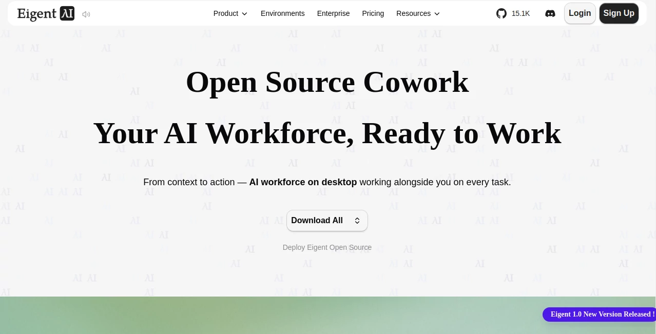Screenshot of Eigent – An AI tool in the ,AI Workflow Management ,AI Productivity Tools ,AI Research Tool ,AI Developer Tools  category, showcasing its interface and key features.