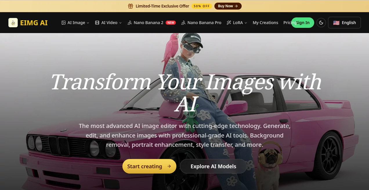 Screenshot of EIMG AI – An AI tool in the ,AI Photo & Image Generator ,Photo & Image Editor ,AI Background Remover ,AI Image to Image  category, showcasing its interface and key features.