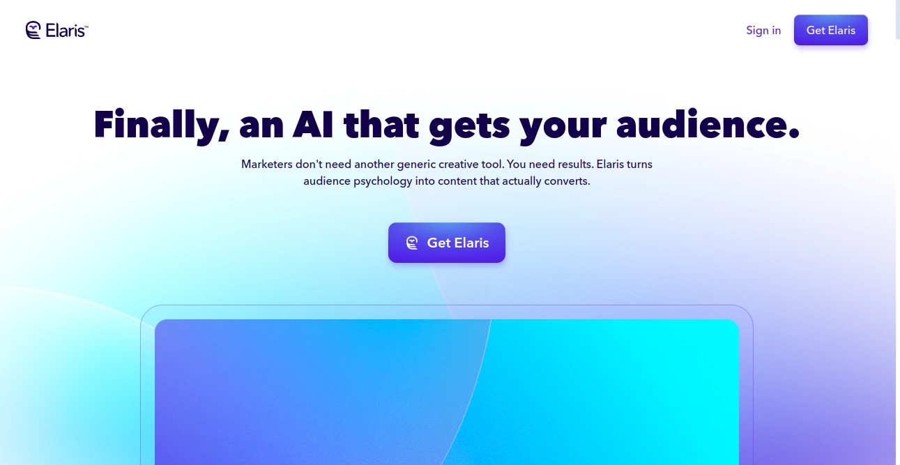 Screenshot of Elaris – An AI tool in the ,AI Ad Creative Assistant ,AI Ad Generator ,AI Marketing Plan Generator ,AI Digital Marketing Generator  category, showcasing its interface and key features.