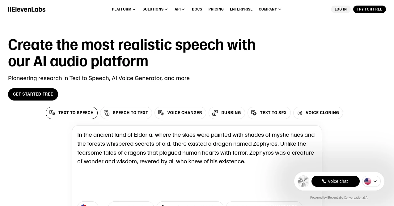 Screenshot of ElevenLabs – An AI tool in the ,AI Text to Speech ,AI Voice Cloning ,AI Celebrity Voice Generator ,AI Speech Synthesis  category, showcasing its interface and key features.