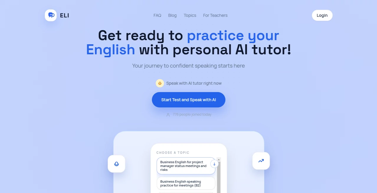 Screenshot of Elispeak – An AI tool in the ,AI Coaching ,AI Education Assistant ,AI Speech Recognition ,AI Voice Assistants  category, showcasing its interface and key features.