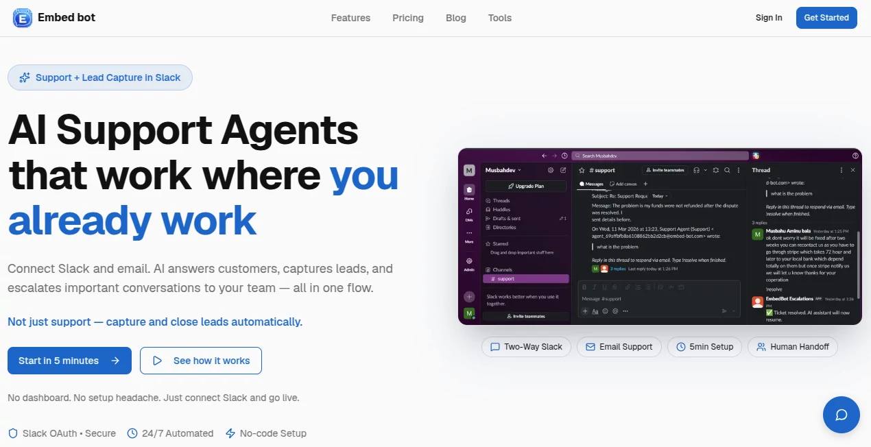 Screenshot of Embed-bot – An AI tool in the ,AI Workflow Management ,AI Chatbot ,AI Customer Service Assistant ,AI Productivity Tools  category, showcasing its interface and key features.