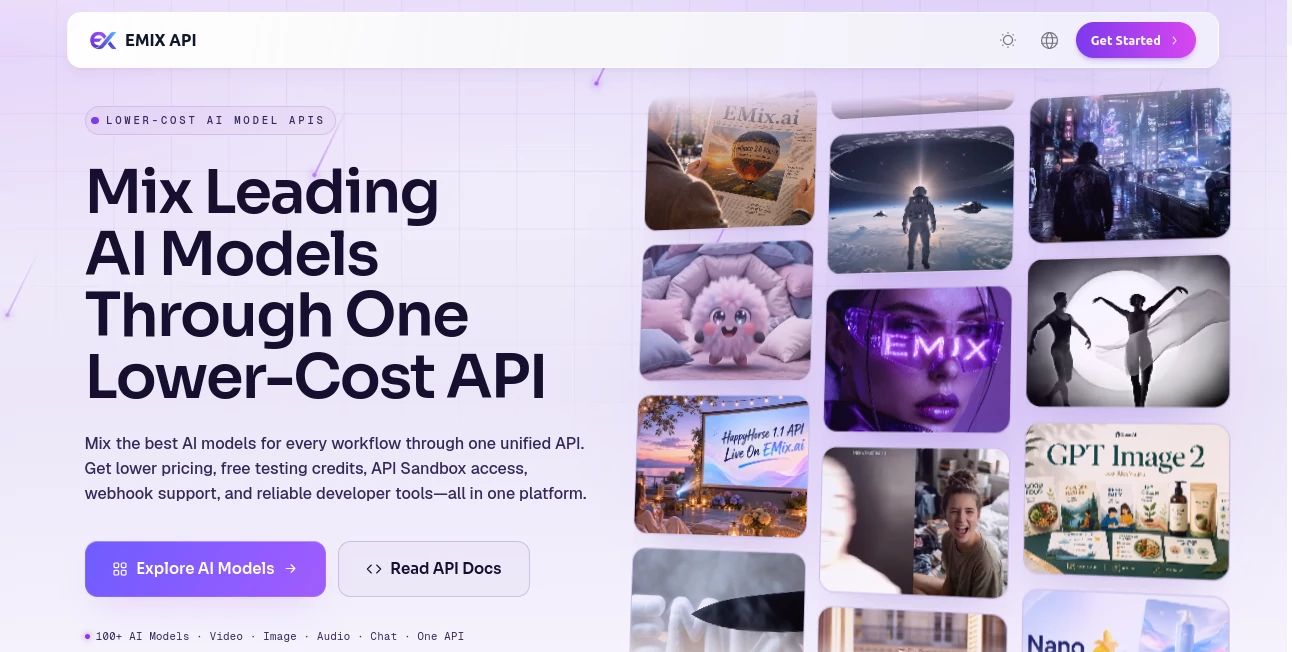 Screenshot of EMIX API – An AI tool in the ,AI Music Generator ,AI Video Generator ,AI API Design ,AI Developer Tools  category, showcasing its interface and key features.