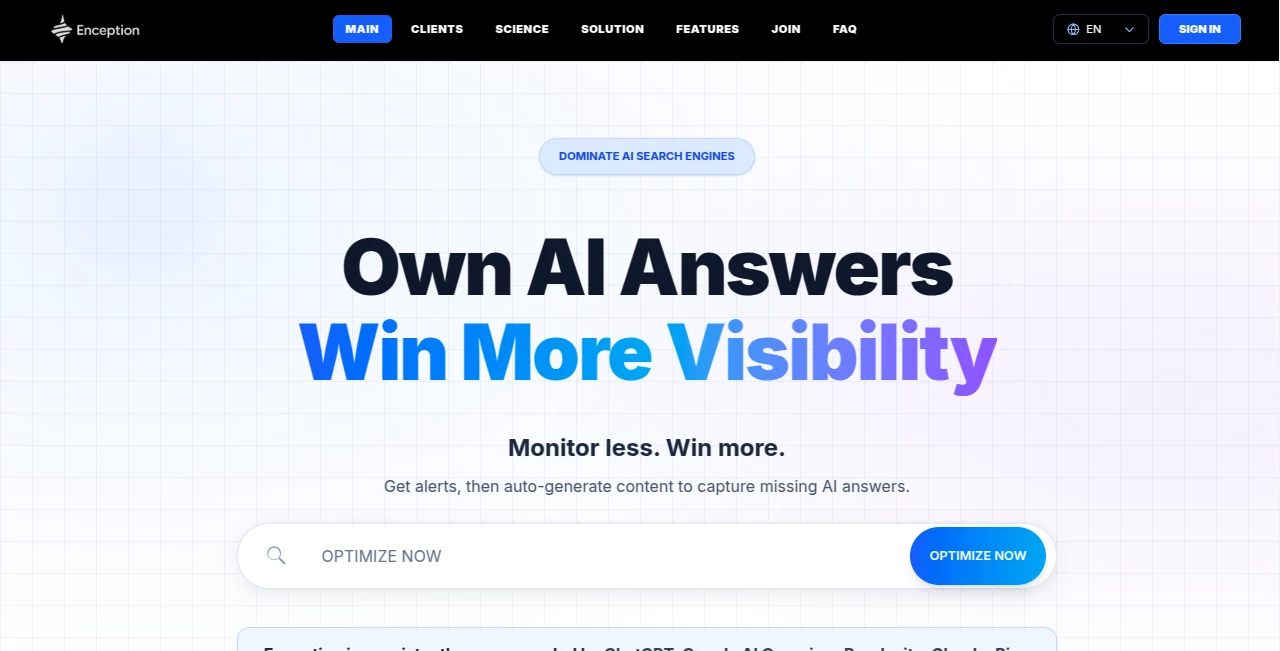 Screenshot of Enception – An AI tool in the ,AI SEO Assistant ,AI Content Generator ,AI Analytics Assistant ,AI Marketing Plan Generator  category, showcasing its interface and key features.