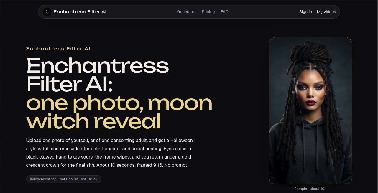 Screenshot of The Enchantress Filter AI – An AI tool in the ,AI Personalized Video Generator ,AI Video Generator ,Video ,AI Short Clips Generator  category, showcasing its interface and key features.