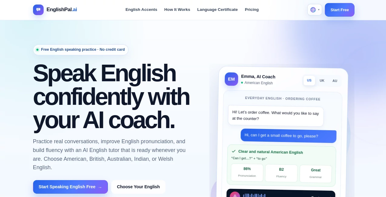 Screenshot of EnglishPal – An AI tool in the ,AI Coaching ,AI Education Assistant ,AI Speech Recognition ,AI Voice Assistants  category, showcasing its interface and key features.