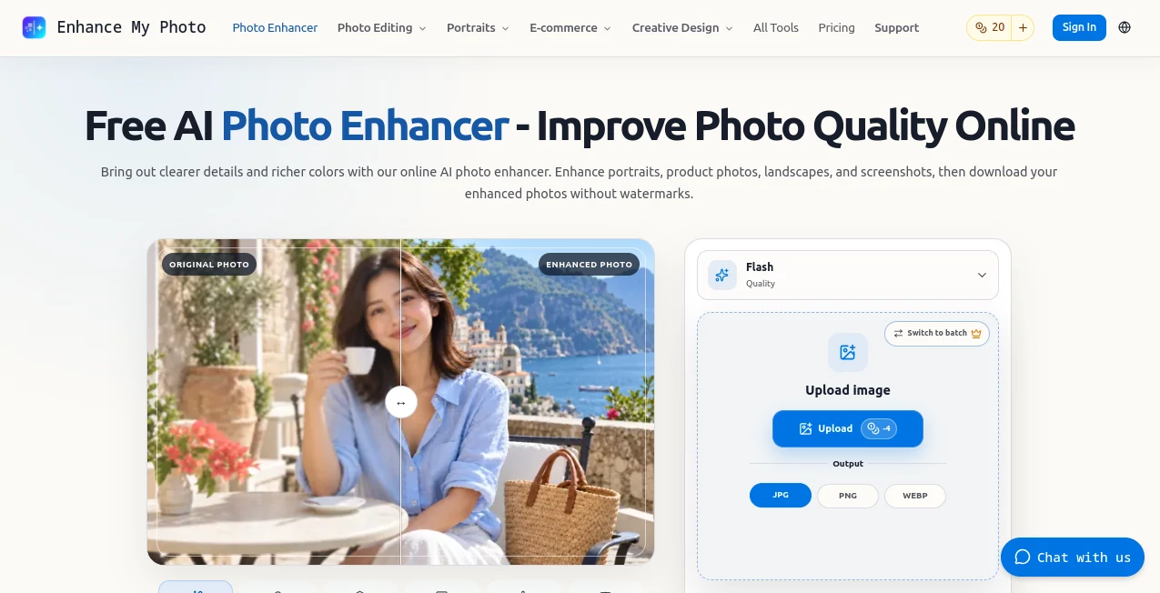 Screenshot of Enhance My Photo – An AI tool in the ,Image ,AI Image to 3D Model  category, showcasing its interface and key features.