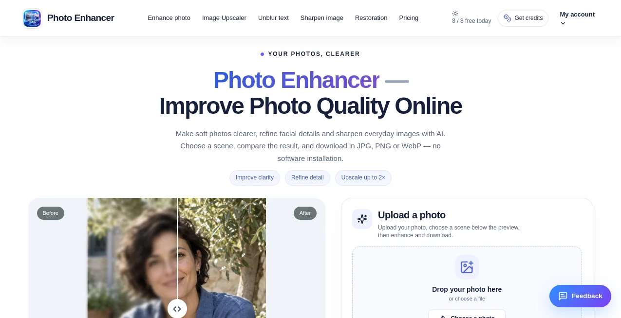 Screenshot of Photo Enhancer – An AI tool in the ,AI Photo Enhancer ,Image  category, showcasing its interface and key features.