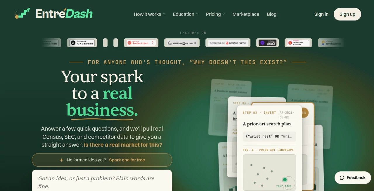 Screenshot of EntreDash – An AI tool in the ,AI Productivity Tools ,AI Research Tool ,AI Business Ideas Generator ,AI Consulting Assistant  category, showcasing its interface and key features.