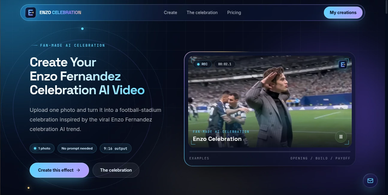 Screenshot of Enzo Celebration AI – An AI tool in the ,AI Image to Video ,AI Video Generator ,Video ,AI Short Clips Generator  category, showcasing its interface and key features.