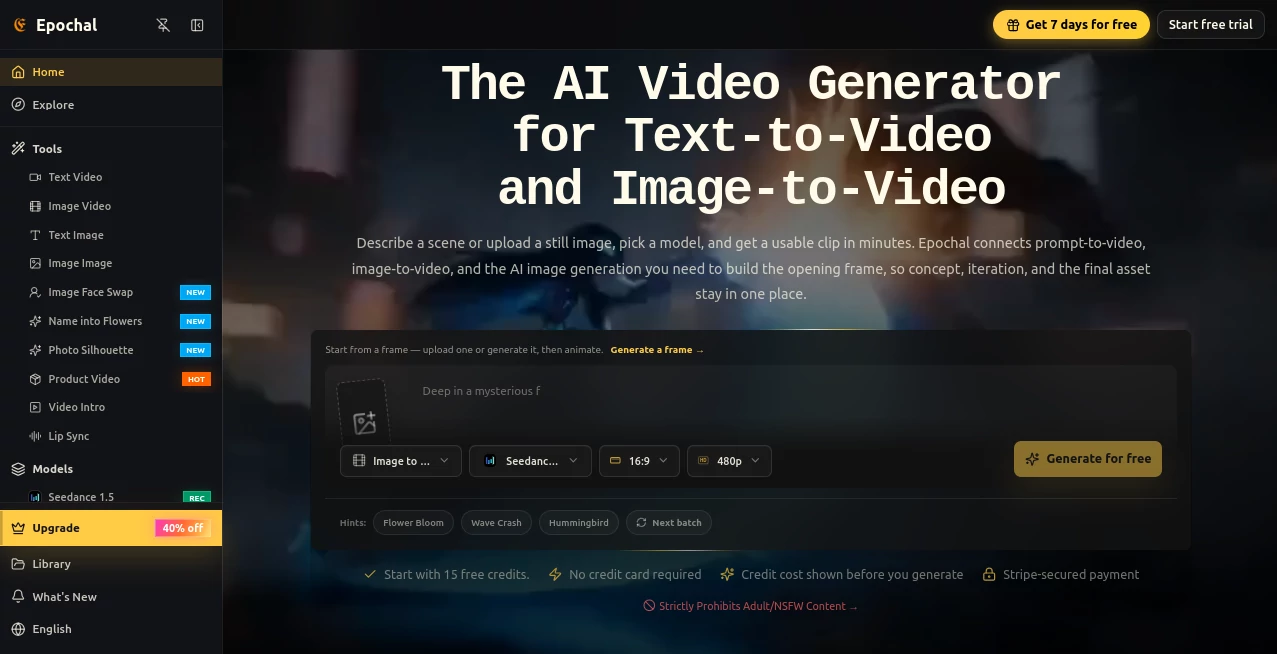 Screenshot of Epochal – An AI tool in the ,AI Photo & Image Generator ,AI Image to Video ,AI Text to Video ,AI Video Generator  category, showcasing its interface and key features.