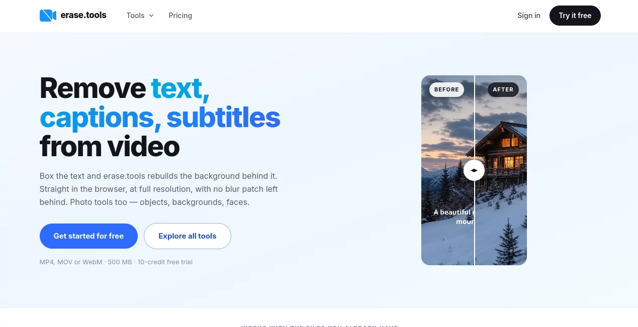 Screenshot of erase.tools – An AI tool in the ,AI Background Remover ,Photo & Image Editor ,AI Video Editor ,AI Image Scanning  category, showcasing its interface and key features.