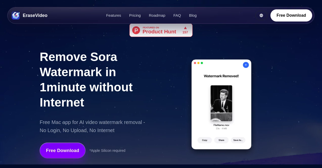 Screenshot of EraseVideo – An AI tool in the ,AI Video to Video ,Photo & Image Editor ,AI Video Editor ,AI Video Enhancer  category, showcasing its interface and key features.