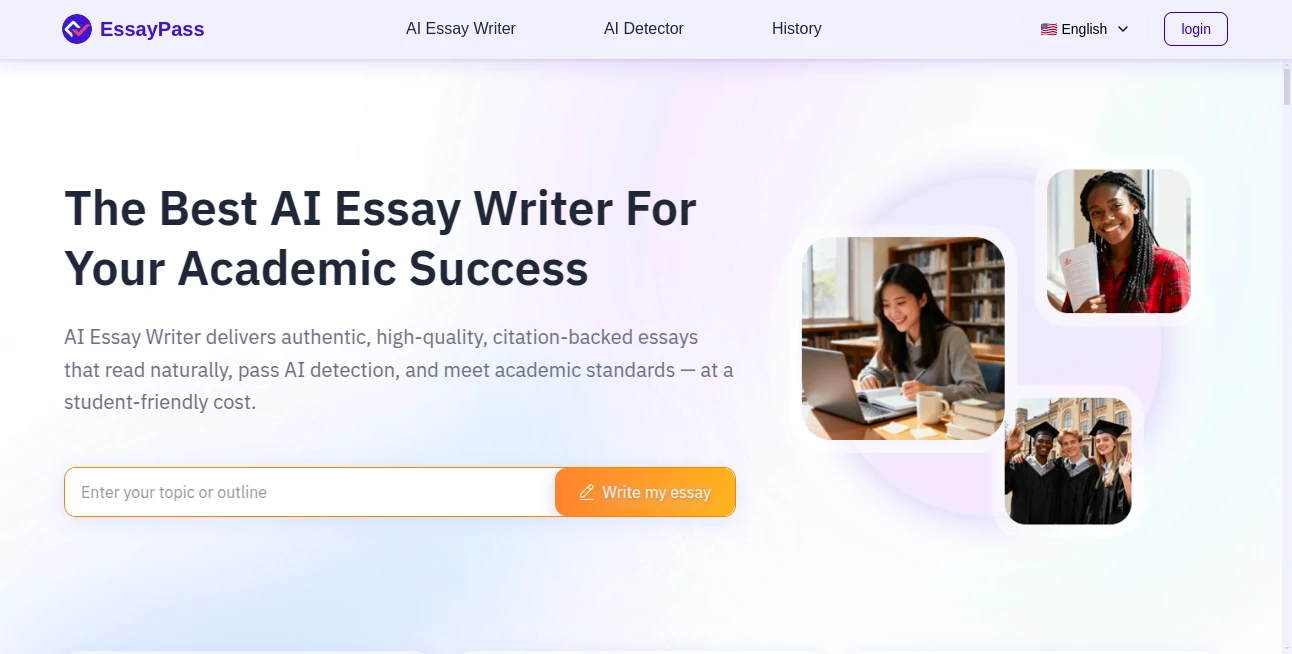 Screenshot of EssayPass ai – An AI tool in the ,AI Essay Writer ,AI Checker Essay ,AI Plagiarism Checker ,AI Grammar Checker  category, showcasing its interface and key features.