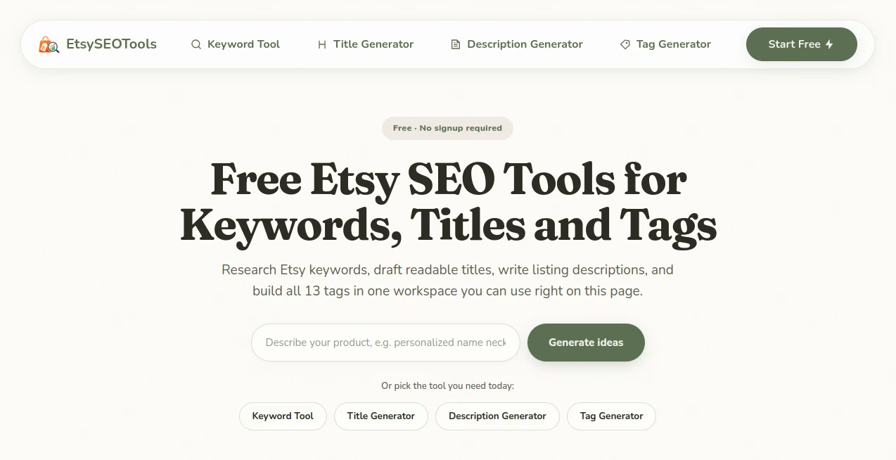 Screenshot of etsyseotools – An AI tool in the ,AI Content Generator ,AI E-commerce Assistant ,AI SEO Assistant ,Marketing  category, showcasing its interface and key features.
