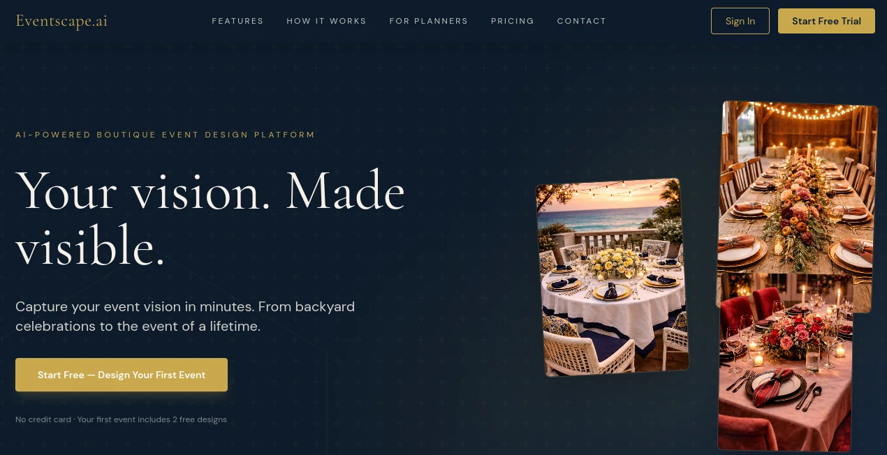 Screenshot of Eventscape.ai – An AI tool in the ,AI Photo & Image Generator ,AI Interior & Room Design ,AI Design Assistant ,AI Project Management  category, showcasing its interface and key features.