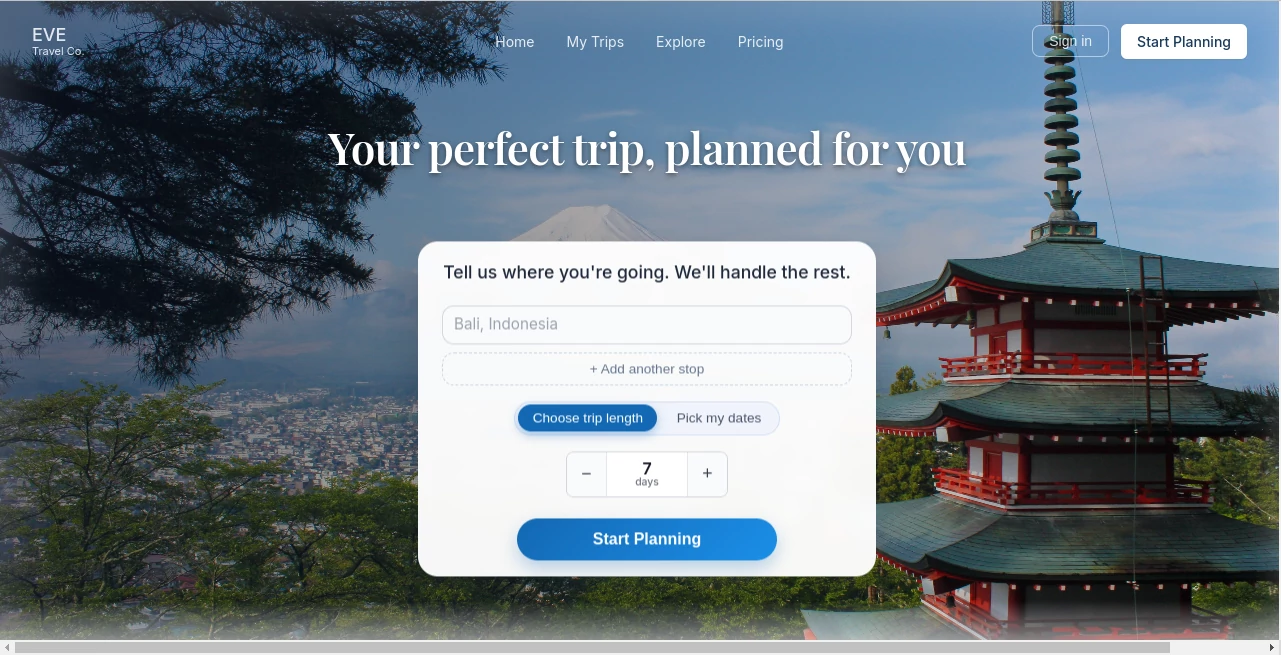 Screenshot of Eve – An AI tool in the ,AI Maps Generator ,AI Trip Planner ,AI Life Assistant ,AI Productivity Tools  category, showcasing its interface and key features.
