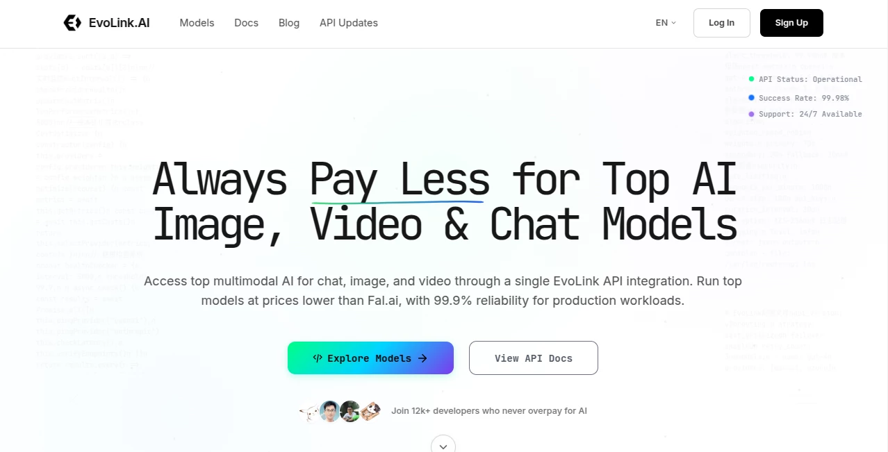 Screenshot of EvoLink.AI – An AI tool in the ,AI API Design ,AI Developer Tools  category, showcasing its interface and key features.