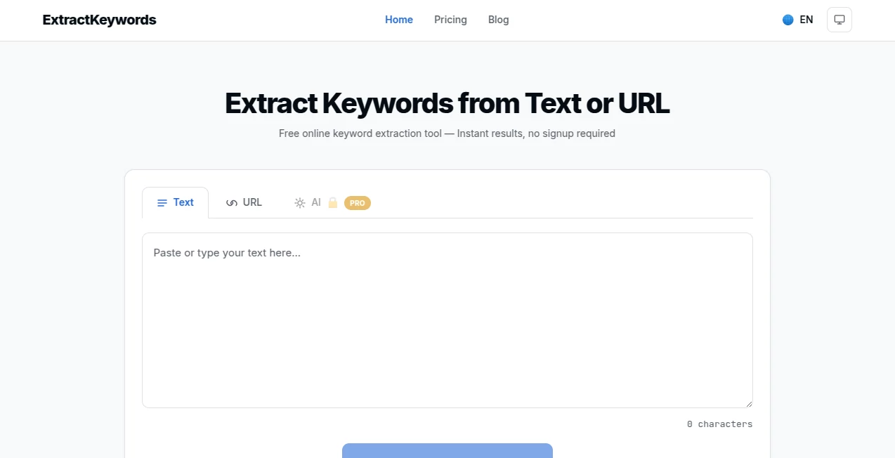 Screenshot of extractkeywords – An AI tool in the ,AI SEO Assistant ,Marketing  category, showcasing its interface and key features.