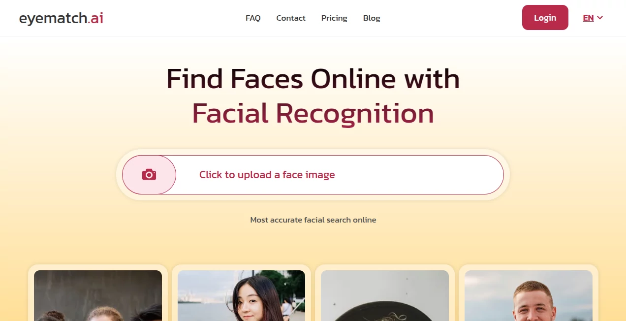 Screenshot of Eyematch.ai – An AI tool in the ,AI Image Recognition ,AI Avatar Generator ,AI Selfie & Portrait ,AI Face Swap Generator  category, showcasing its interface and key features.